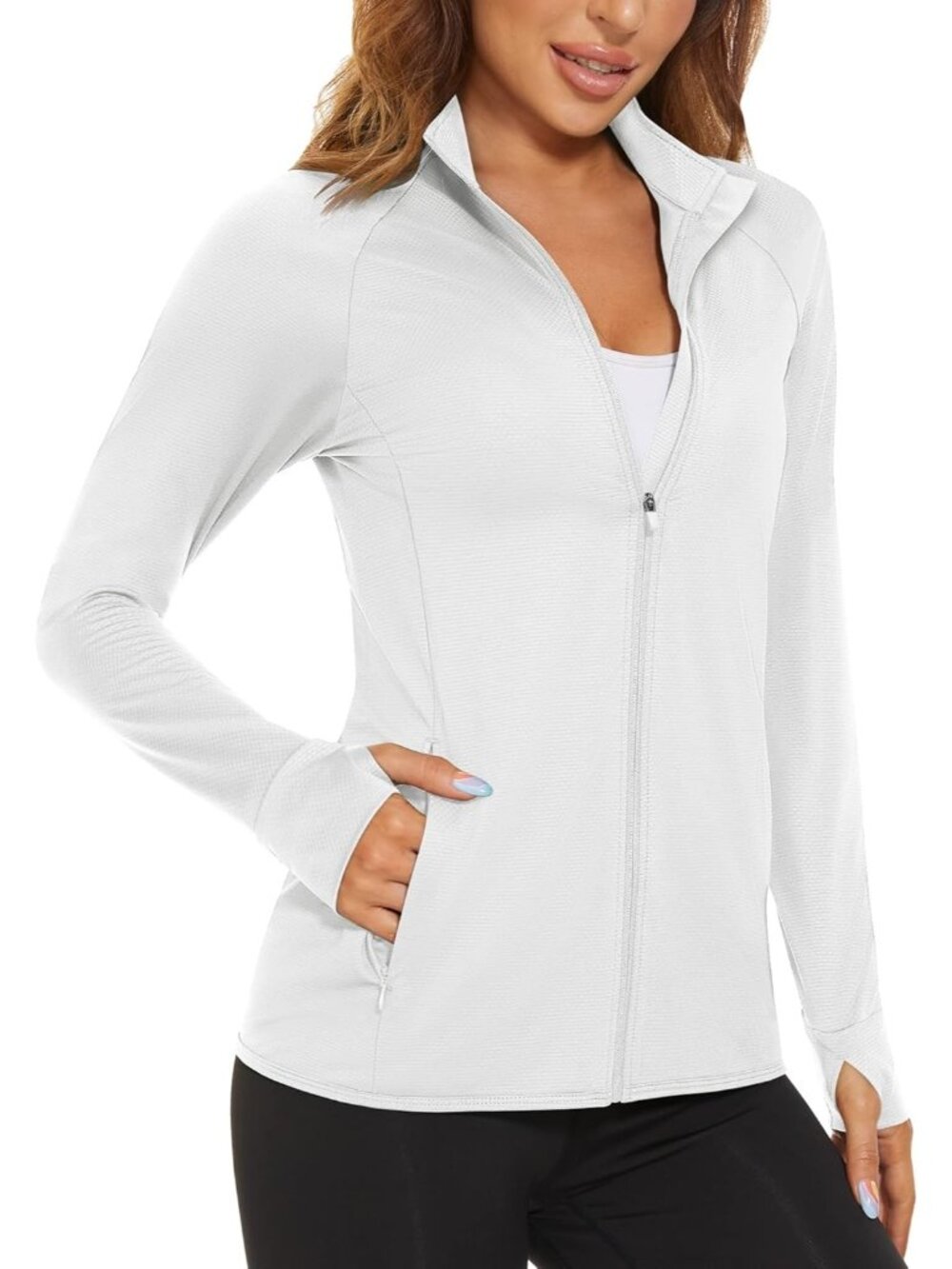 White Women's UPF 50+ Lightweight Outdoor Jacket Full Zip Athletic Sun Shirt